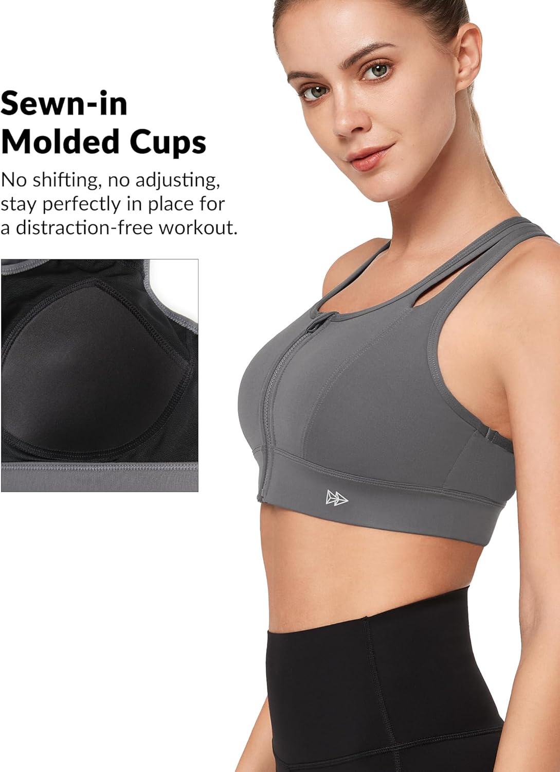 Yvette Sports Bras for Women High Impact Support, Front Zipper Running Bra Plus Size, No Bounce with Racerback & Sewn in Pads(Grey)