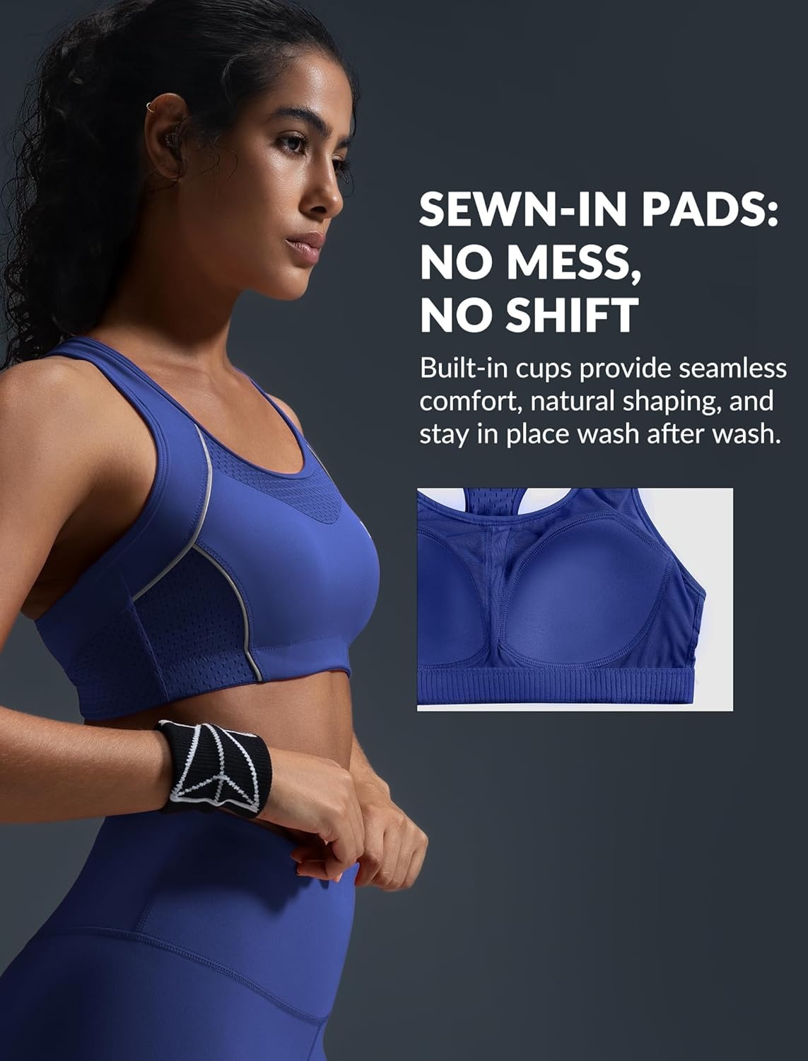 Yvette High Impact Sports Bras for Women Sewn-in Pads Racerback Workout Bra for Running HIIT Large Breast Support A-DDD Cups(Royal Blue)