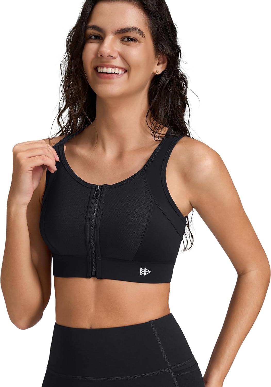 Yvette Front Zip Sports Bras for Women High Impact Supportive Mesh Back Bra for Running(Black)