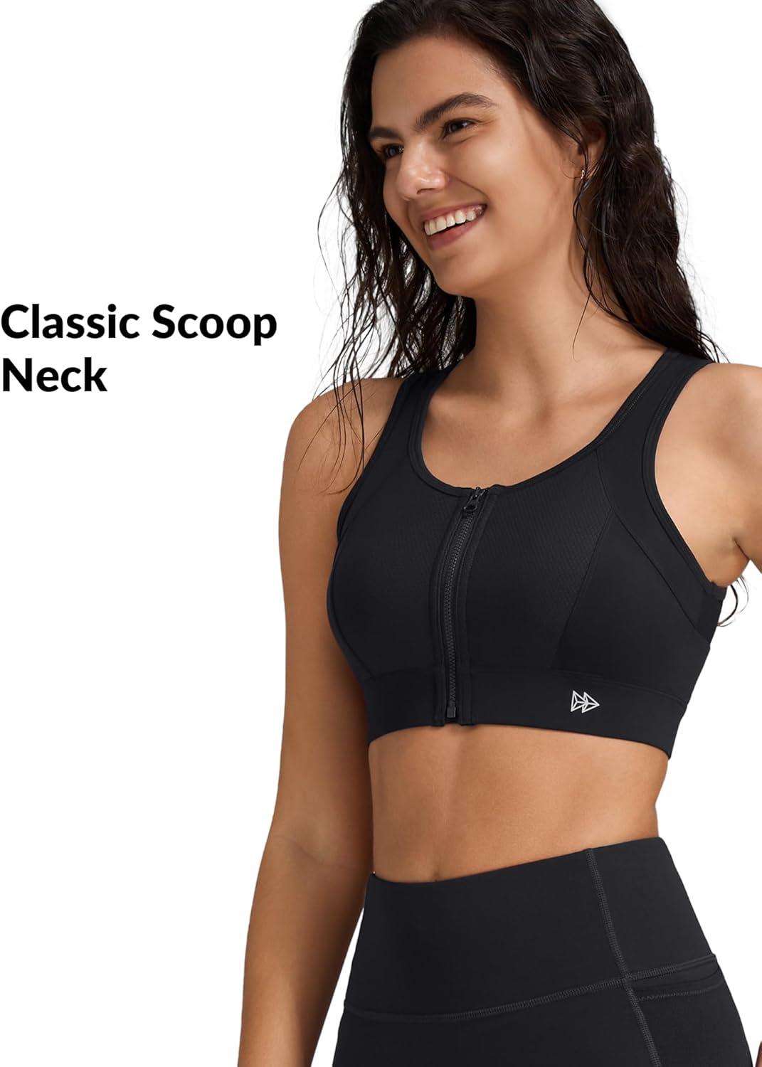 Yvette Front Zip Sports Bras for Women High Impact Supportive Mesh Back Bra for Running(Black)