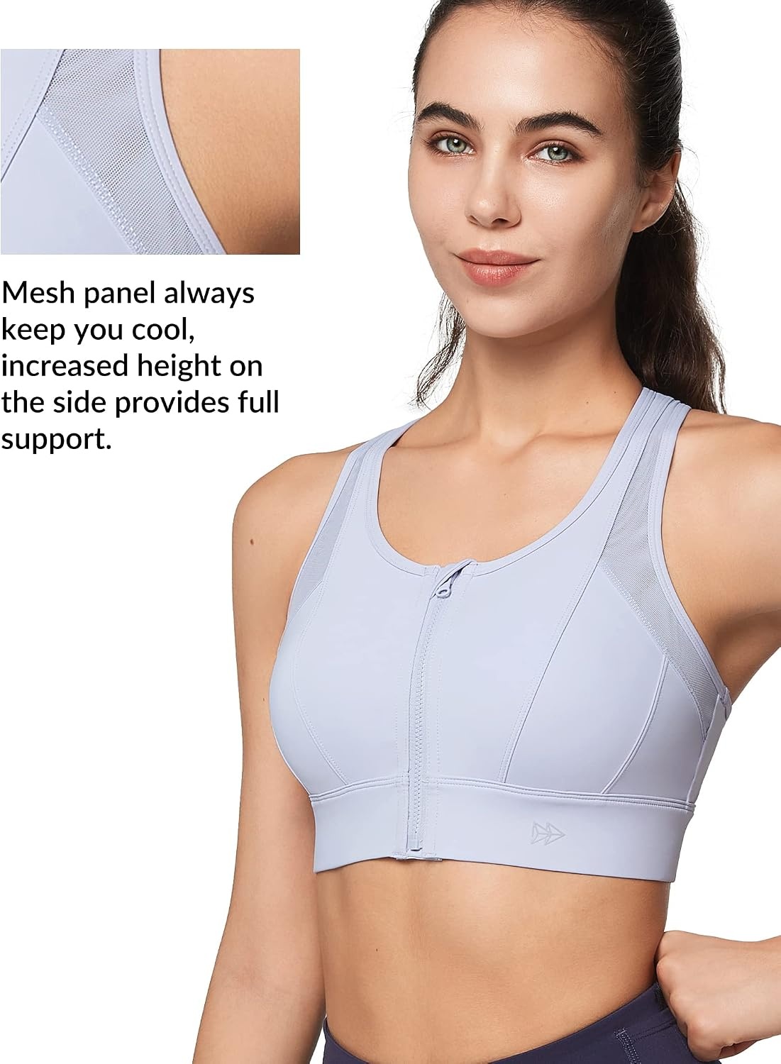Yvette High Impact Zip Front Sports Bra for Women | Supportive, Breathable Mesh Racerback, Nonremovable Cups, Wireless, Easy on and off, Running(Purple)