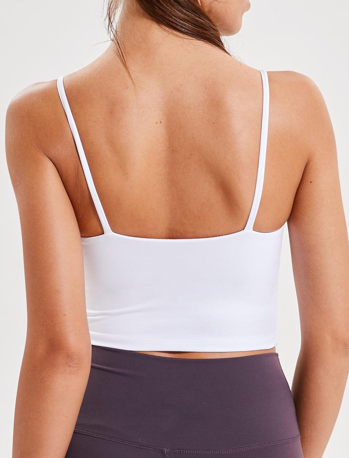Yvette Women’s Longline Sports Bra, Scoop Neck Workout Tank Tops with Built in Bra Spaghetti Strap Yoga Camisole(White)