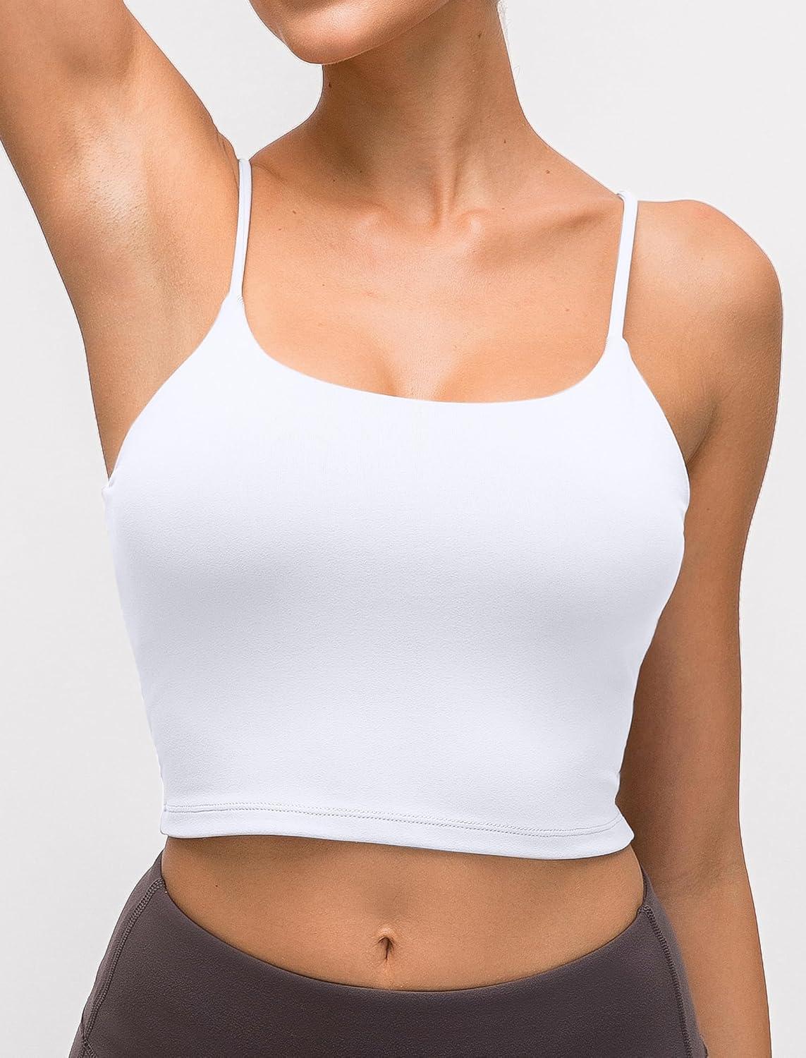 Yvette Women’s Longline Sports Bra, Scoop Neck Workout Tank Tops with Built in Bra Spaghetti Strap Yoga Camisole(White)