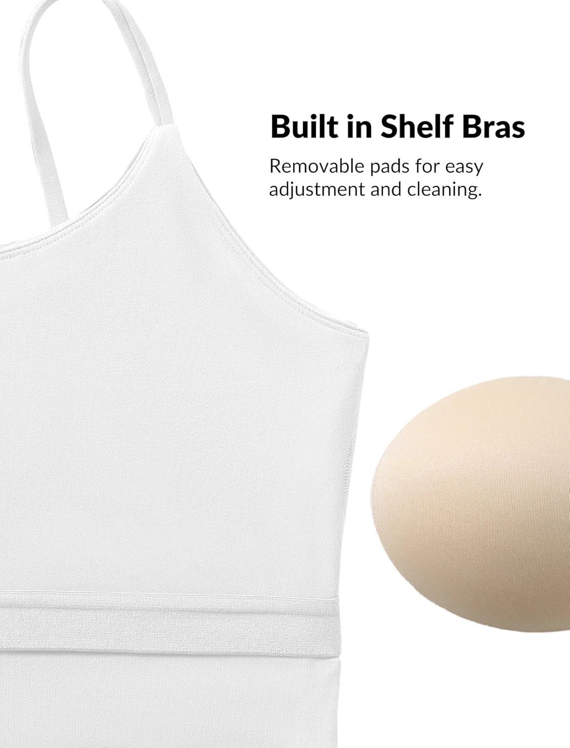 Yvette Women’s Longline Sports Bra, Scoop Neck Workout Tank Tops with Built in Bra Spaghetti Strap Yoga Camisole(White)