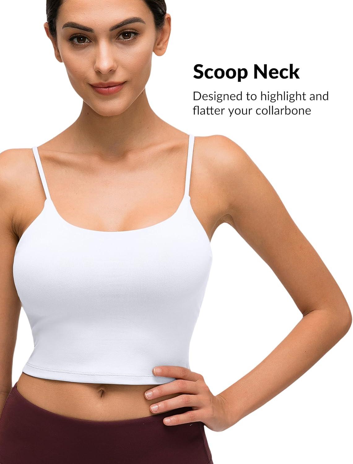 Yvette Women’s Longline Sports Bra, Scoop Neck Workout Tank Tops with Built in Bra Spaghetti Strap Yoga Camisole(White)