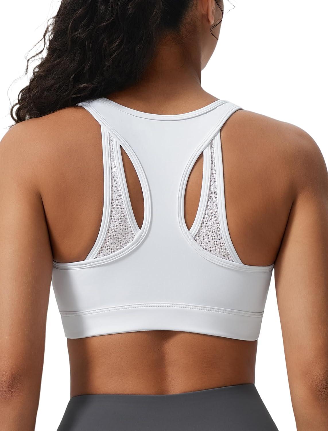 Yvette Zip Front High Impact Sports Bras for Women Lace Mesh Supportive Bras for Workout(White)