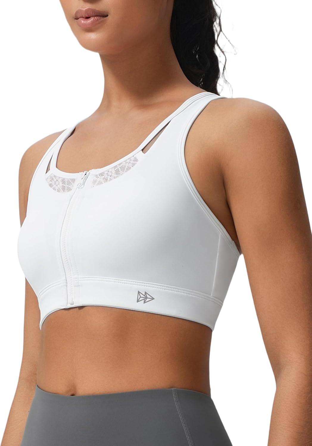 Yvette Zip Front High Impact Sports Bras for Women Lace Mesh Supportive Bras for Workout(White)