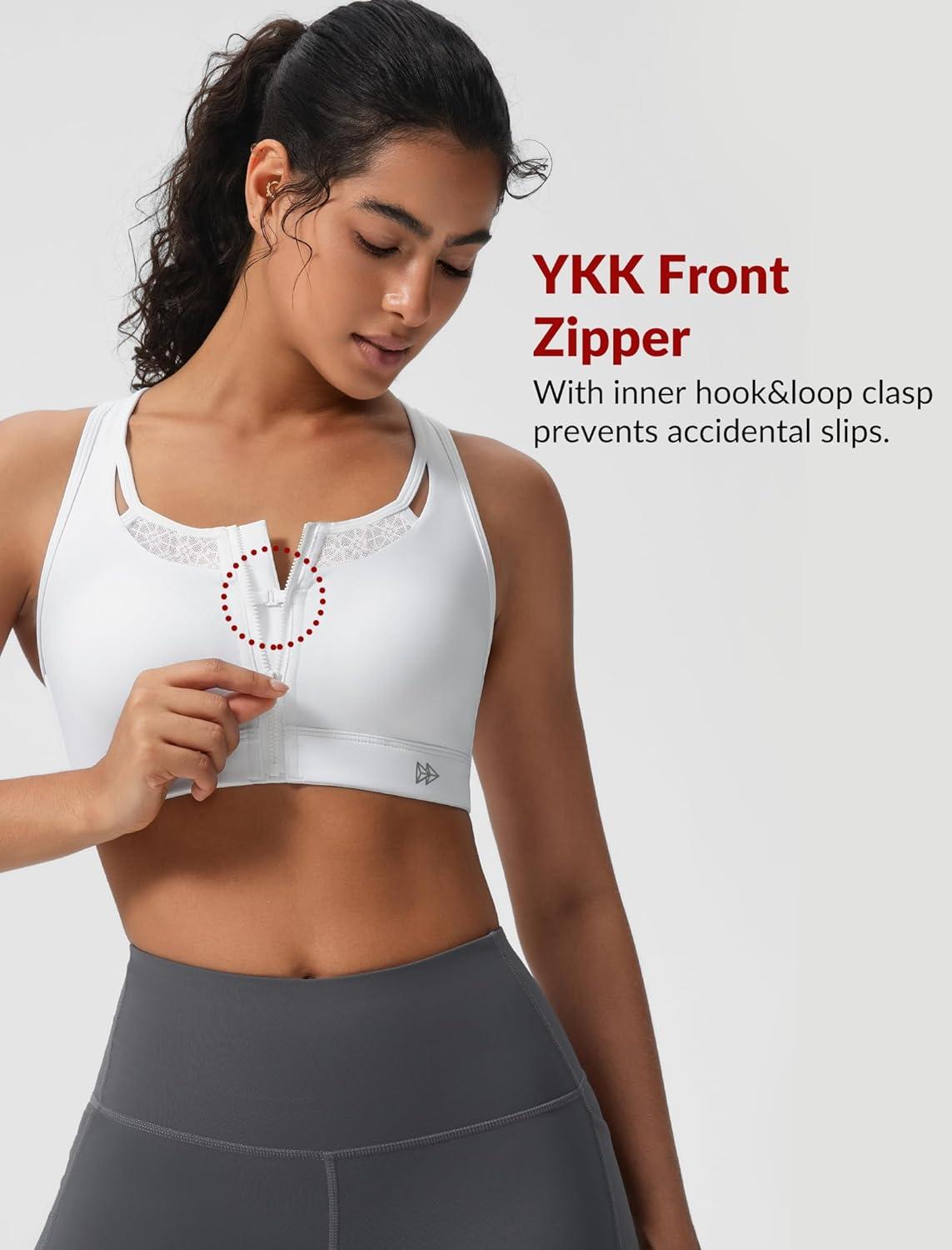 Yvette Zip Front High Impact Sports Bras for Women Lace Mesh Supportive Bras for Workout(White)