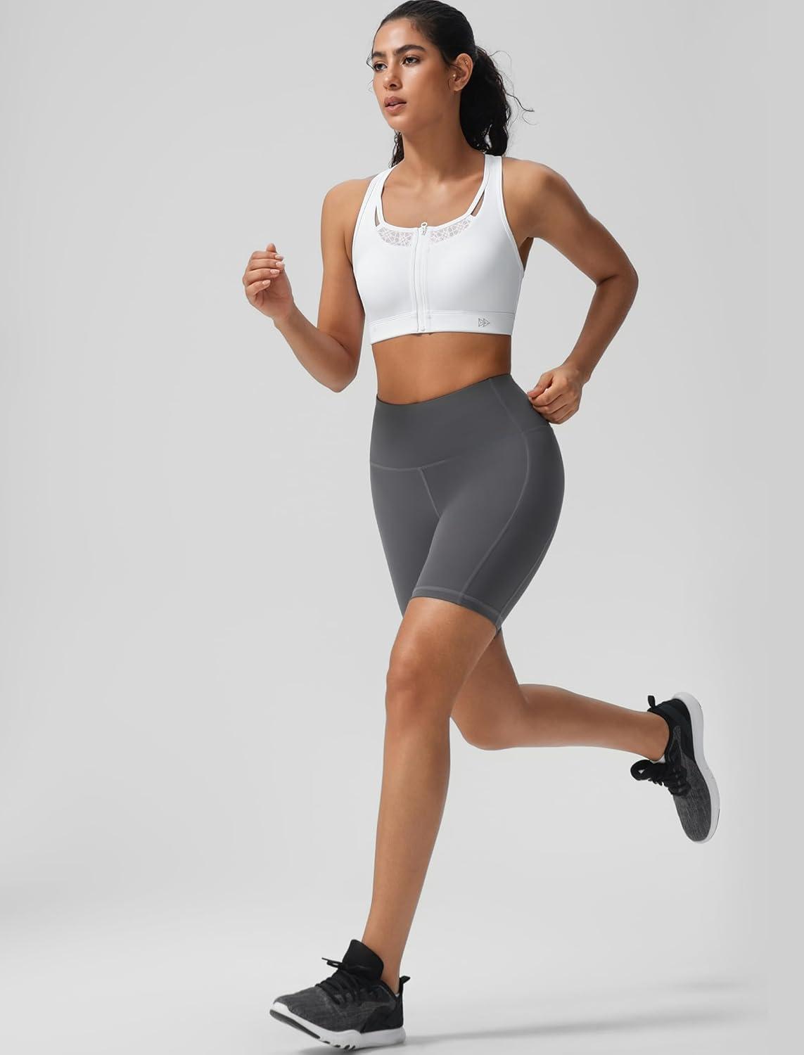 Yvette Zip Front High Impact Sports Bras for Women Lace Mesh Supportive Bras for Workout(White)