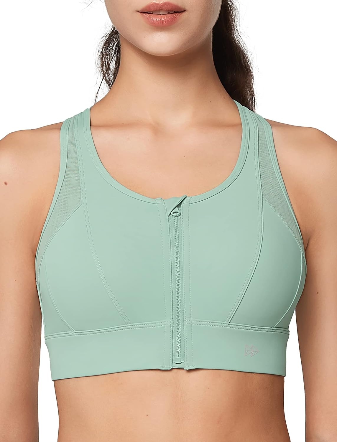 Yvette High Impact Zip Front Sports Bra for Women | Supportive, Breathable Mesh Racerback, Nonremovable Cups, Wireless, Easy on and off, Running(Light Green)