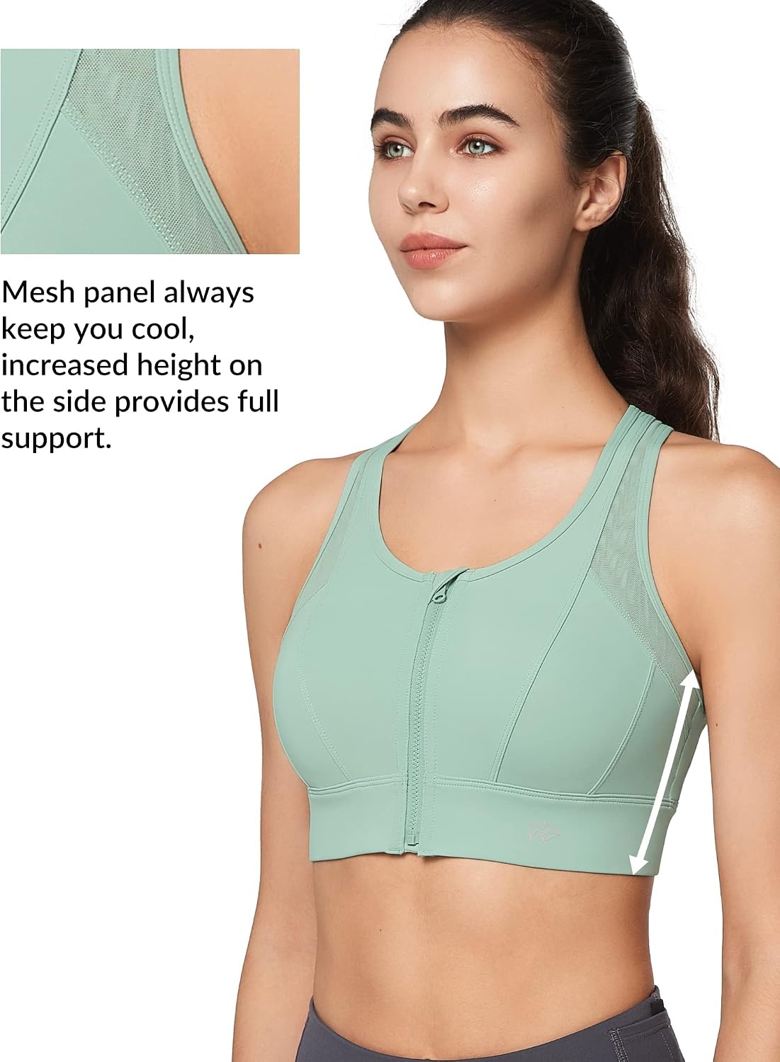 Yvette High Impact Zip Front Sports Bra for Women | Supportive, Breathable Mesh Racerback, Nonremovable Cups, Wireless, Easy on and off, Running(Light Green)