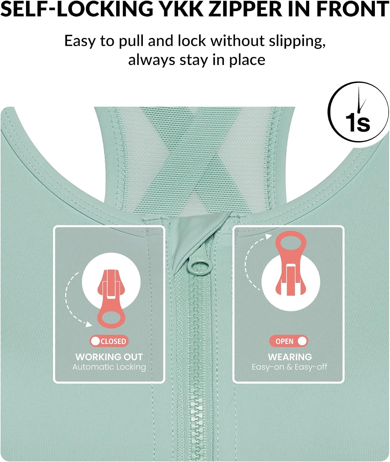 Yvette High Impact Zip Front Sports Bra for Women | Supportive, Breathable Mesh Racerback, Nonremovable Cups, Wireless, Easy on and off, Running(Light Green)