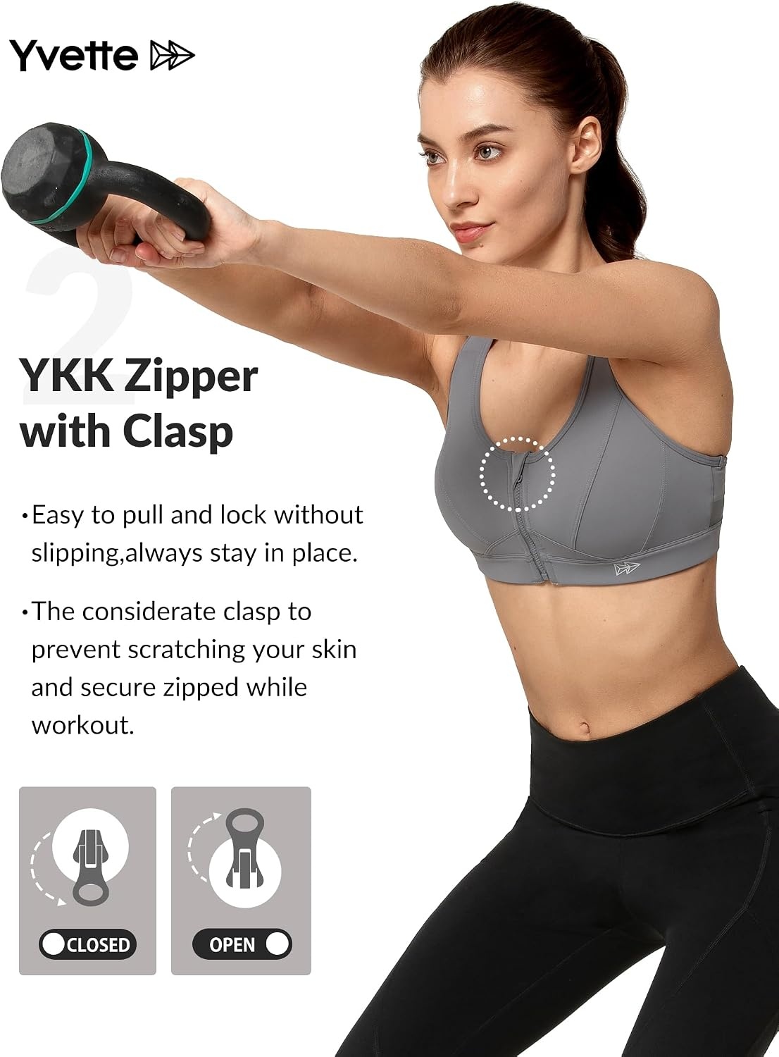 Yvette Zip Front Sports Bra High Impact Running | Secure Locking Zipper,Fixed Non-Slip Pads,Breathable,Wireless Comfort,Full Coverage,Plus Size Friendly,Gym Workout,Fitness(Grey)