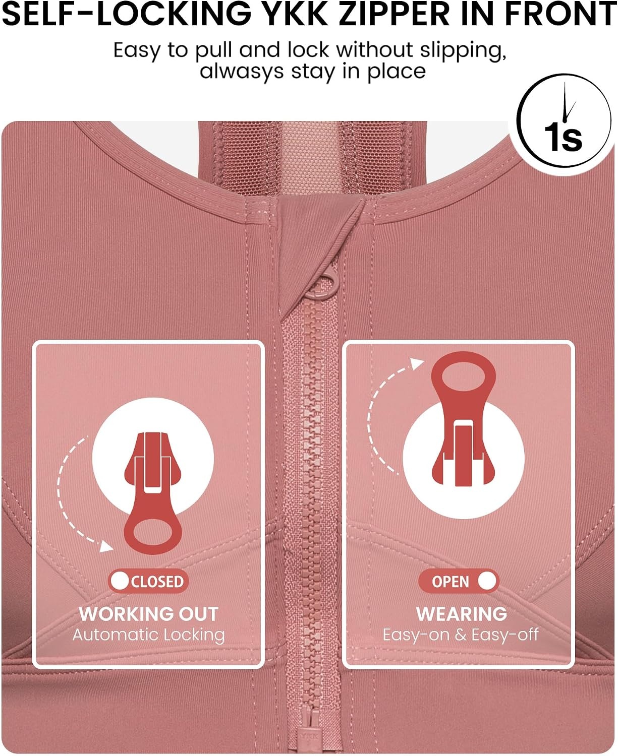 Yvette Zip Front Sports Bra High Impact Running | Secure Locking Zipper,Fixed Non-Slip Pads,Breathable,Wireless Comfort,Full Coverage,Plus Size Friendly,Gym Workout,Fitness(Rouge Pink)