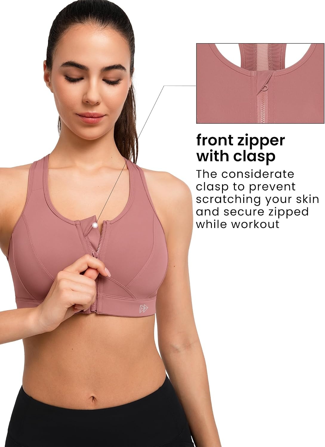 Yvette Zip Front Sports Bra High Impact Running | Secure Locking Zipper,Fixed Non-Slip Pads,Breathable,Wireless Comfort,Full Coverage,Plus Size Friendly,Gym Workout,Fitness(Rouge Pink)