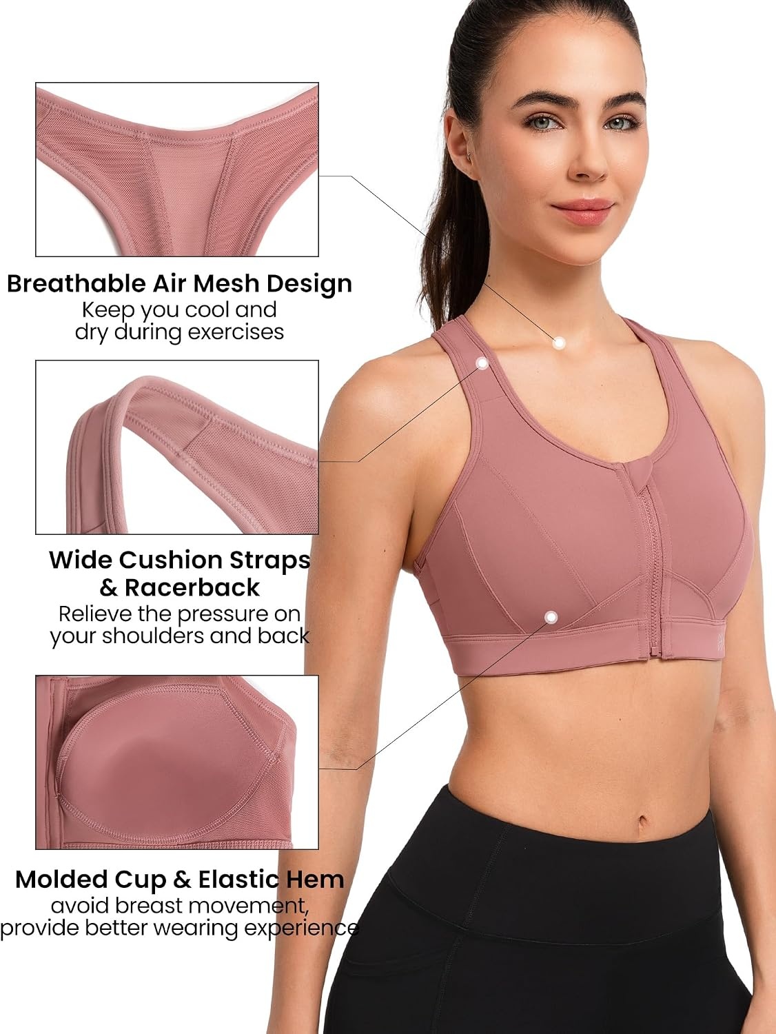 Yvette Zip Front Sports Bra High Impact Running | Secure Locking Zipper,Fixed Non-Slip Pads,Breathable,Wireless Comfort,Full Coverage,Plus Size Friendly,Gym Workout,Fitness(Rouge Pink)