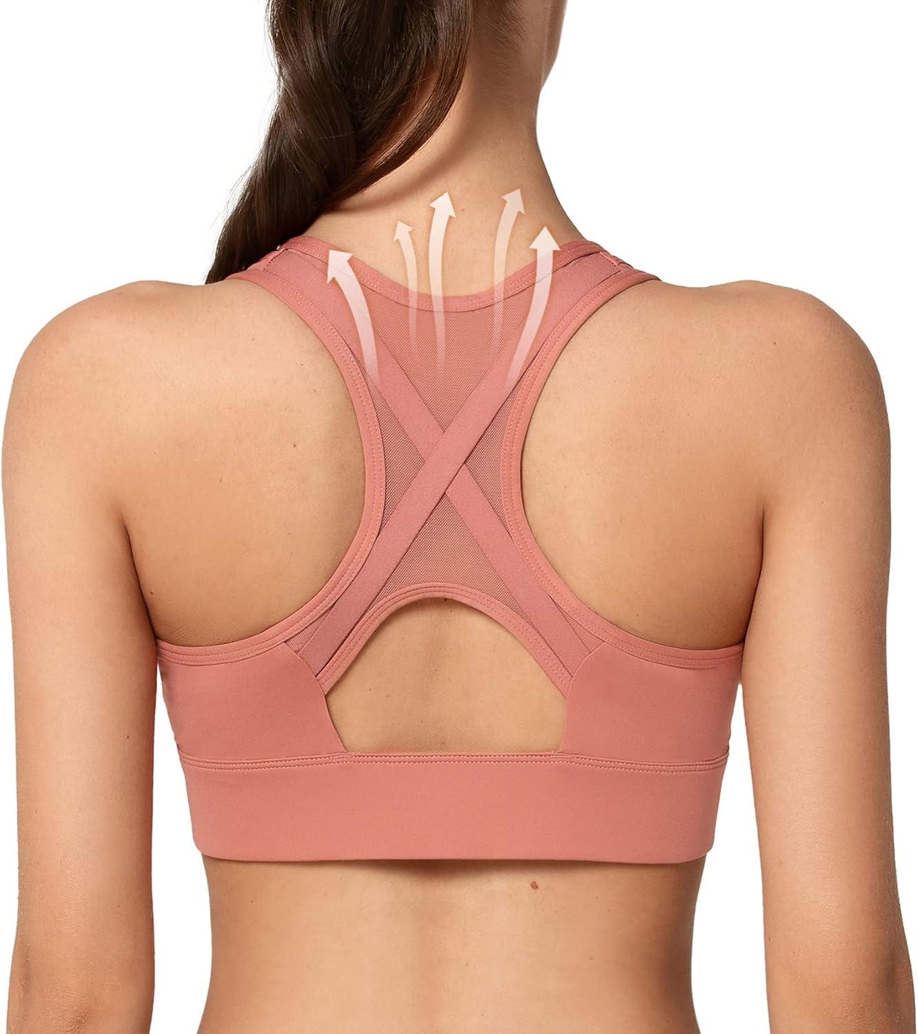 Yvette High Impact Zip Front Sports Bra Mesh Racerback Workout High Support Sports Bras for Women Large Breasts(Rose Red)