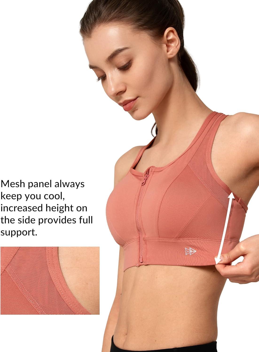 Yvette High Impact Zip Front Sports Bra Mesh Racerback Workout High Support Sports Bras for Women Large Breasts(Rose Red)