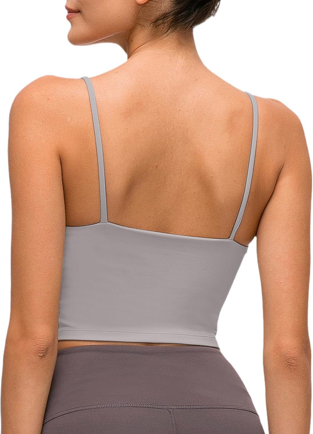 Yvette Women’s Longline Sports Bra, Scoop Neck Workout Tank Tops with Built in Bra Spaghetti Strap Yoga Camisole(Grey)