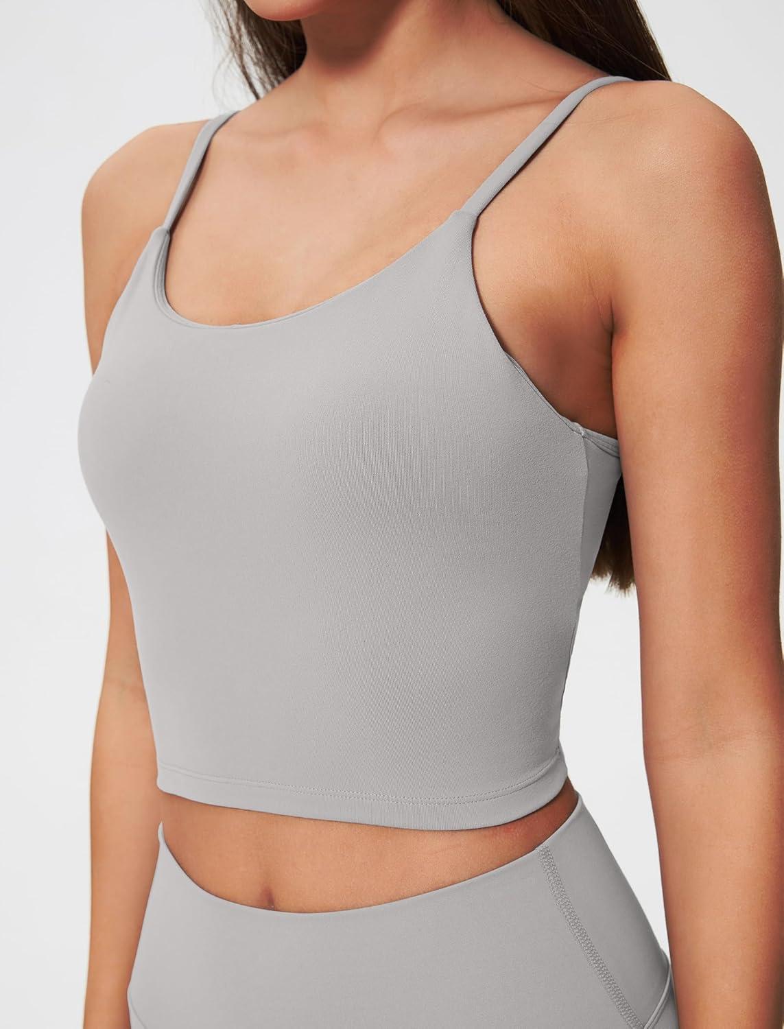Yvette Women’s Longline Sports Bra, Scoop Neck Workout Tank Tops with Built in Bra Spaghetti Strap Yoga Camisole(Grey)