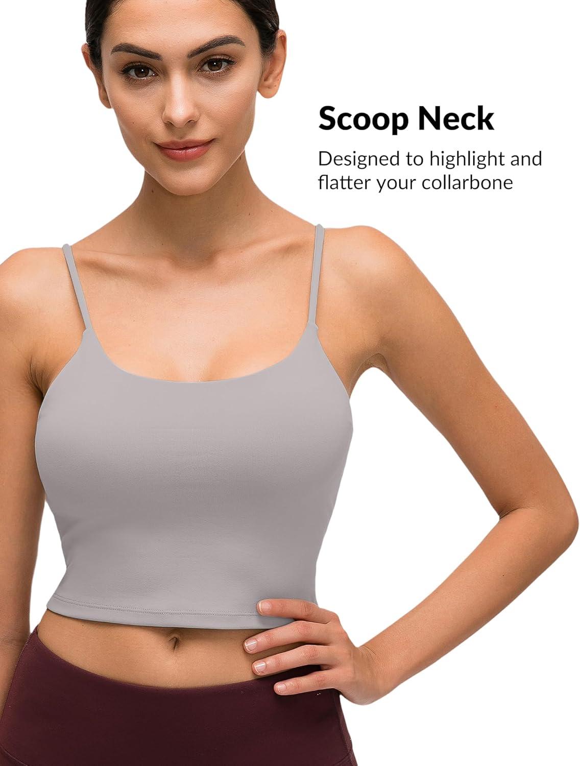 Yvette Women’s Longline Sports Bra, Scoop Neck Workout Tank Tops with Built in Bra Spaghetti Strap Yoga Camisole(Grey)