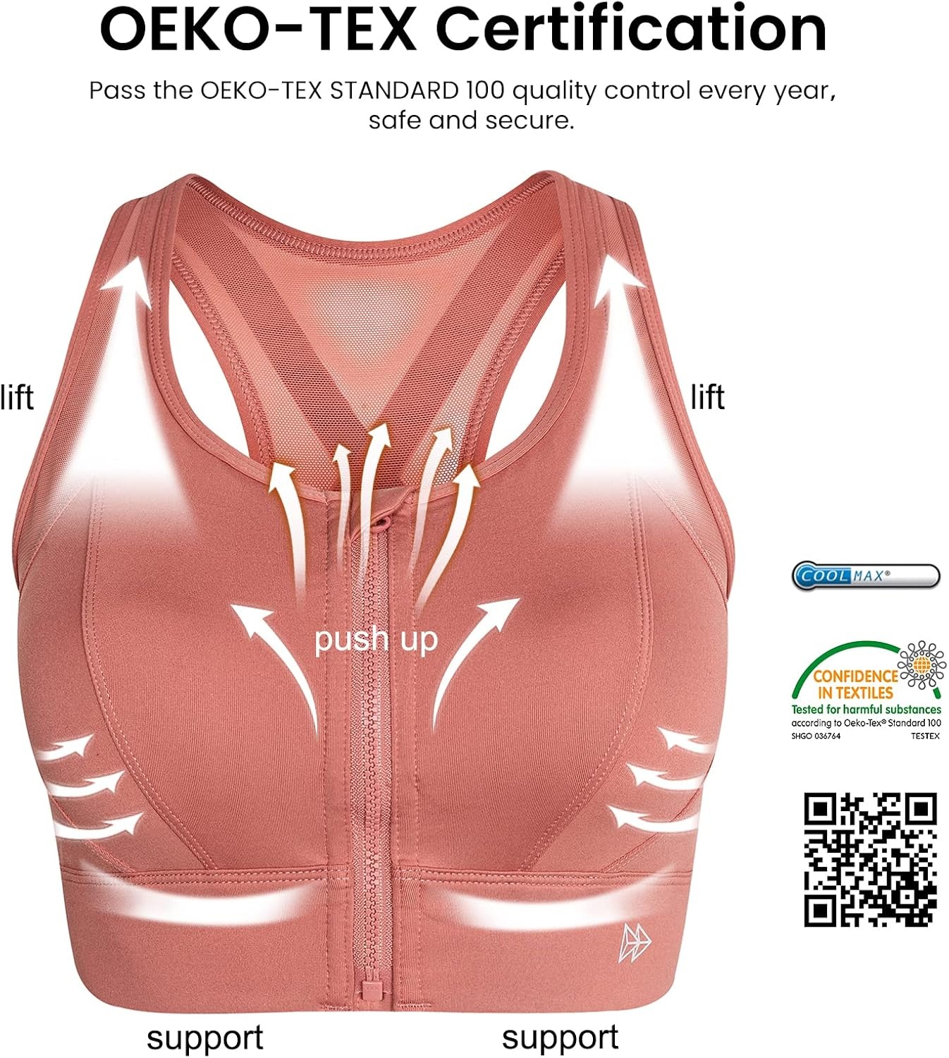 Yvette High Impact Zip Front Sports Bra for Women | Supportive, Breathable Mesh Racerback, Nonremovable Cups, Wireless, Easy on and off, Running(Rose Red)