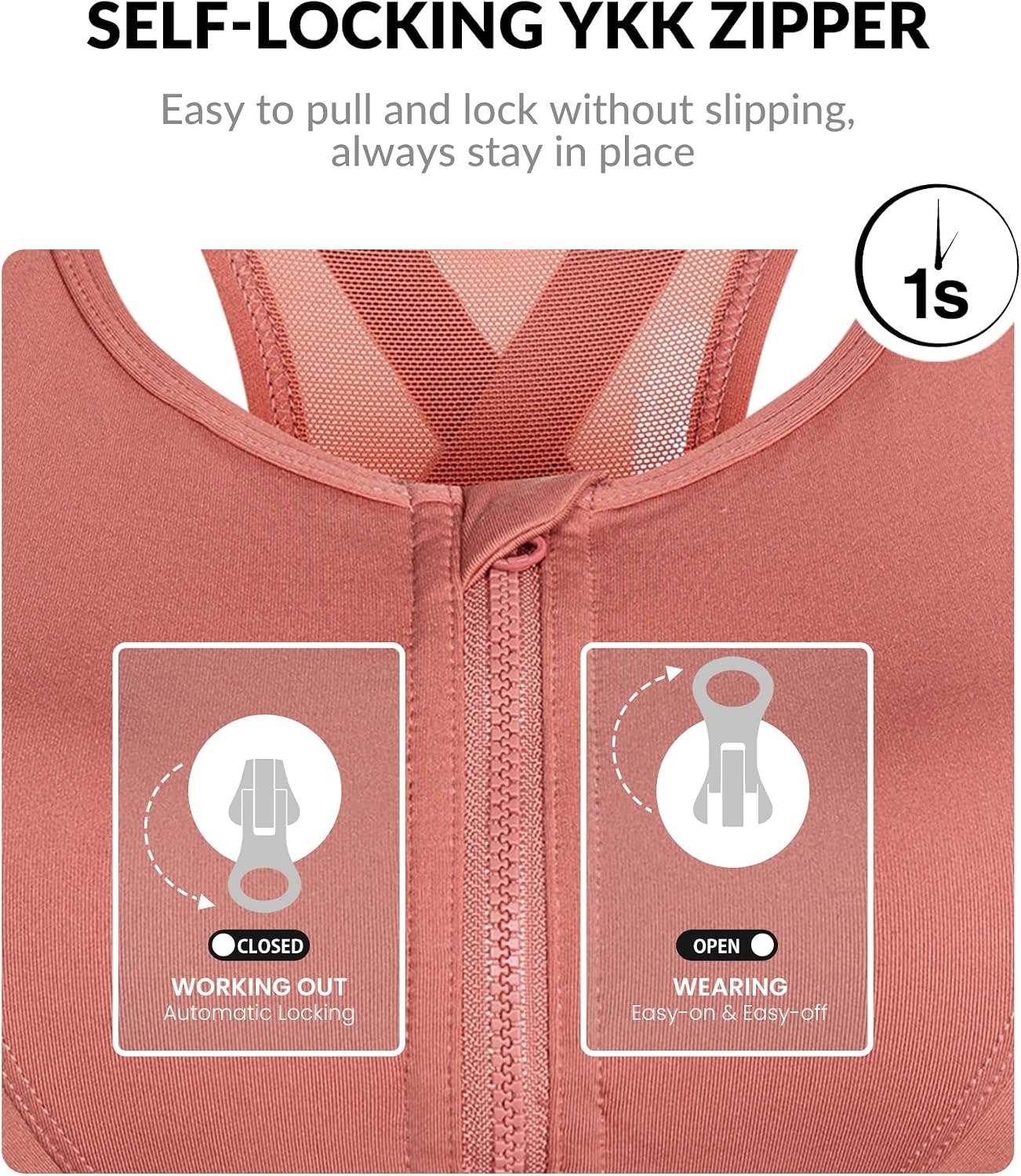 Yvette High Impact Zip Front Sports Bra for Women | Supportive, Breathable Mesh Racerback, Nonremovable Cups, Wireless, Easy on and off, Running(Rose Red)