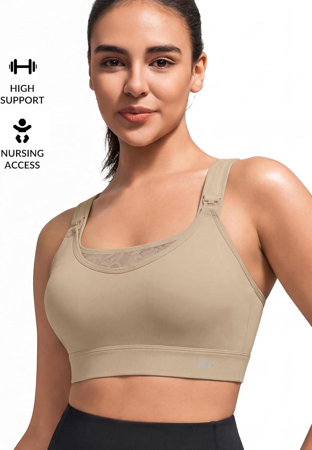 Yvette Nursing Sports Bra for Women High Support Breastfeeding Running Bra Plus Size with Adjustable Straps, Padded Plus Size(Brown)