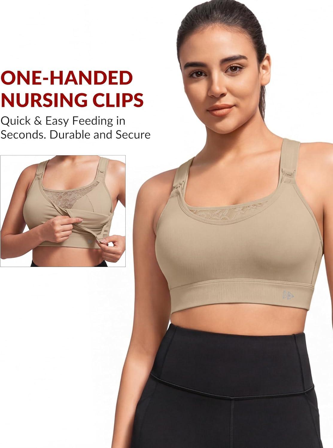Yvette Nursing Sports Bra for Women High Support Breastfeeding Running Bra Plus Size with Adjustable Straps, Padded Plus Size(Brown)