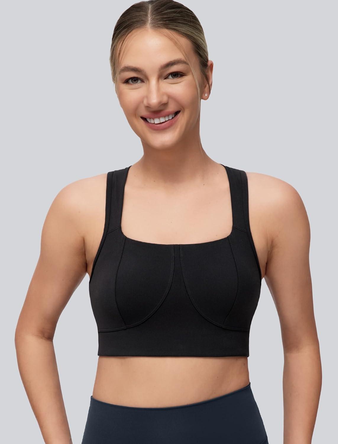 Yvette Yoga Bra Racerback & Mesh Panels Square Neck Fixed Cups Sports Bra for Women Light Support Workout Tank Top(Black)