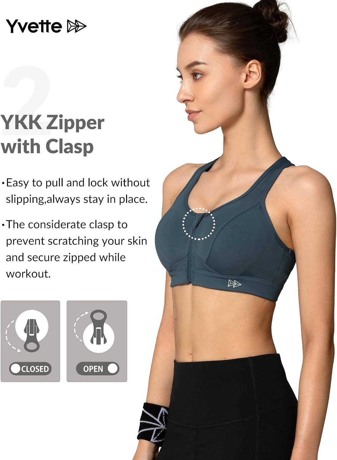 Yvette Zip Front Sports Bra High Impact Running | Secure Locking Zipper,Fixed Non-Slip Pads,Breathable,Wireless Comfort,Full Coverage,Plus Size Friendly,Gym Workout,Fitness(Haze Blue)
