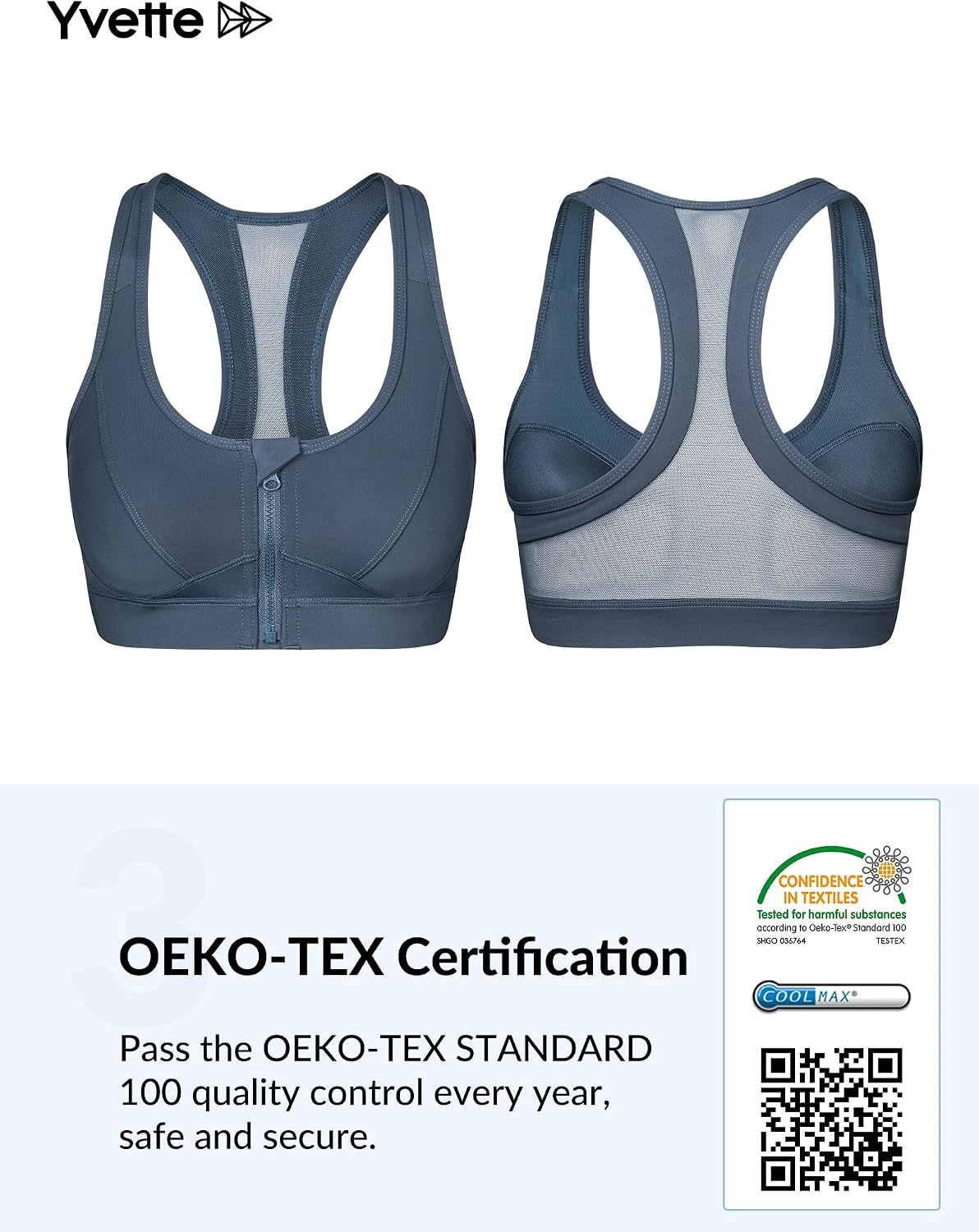 Yvette Zip Front Sports Bra High Impact Running | Secure Locking Zipper,Fixed Non-Slip Pads,Breathable,Wireless Comfort,Full Coverage,Plus Size Friendly,Gym Workout,Fitness(Haze Blue)