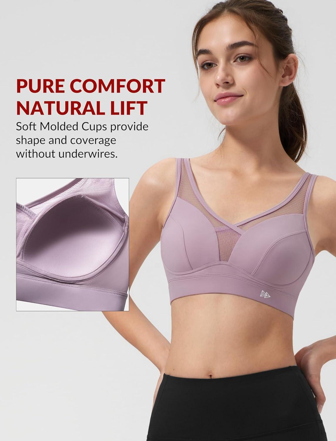 Yvette Sports Bras for Women with Adjustable Straps High Impact Support Running Bra Wireless Front Cross Plus Size Workout(Purple)