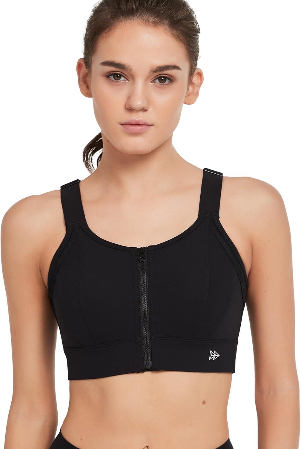 Yvette High Support Sports Bras for Women Zip Front Closure Sports Bra Plus Size Supportive Mold Cups Running Workout(Night Black)