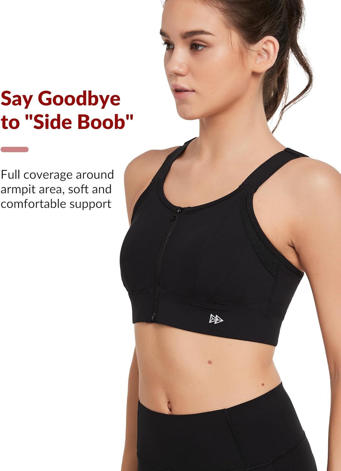 Yvette High Support Sports Bras for Women Zip Front Closure Sports Bra Plus Size Supportive Mold Cups Running Workout(Night Black)