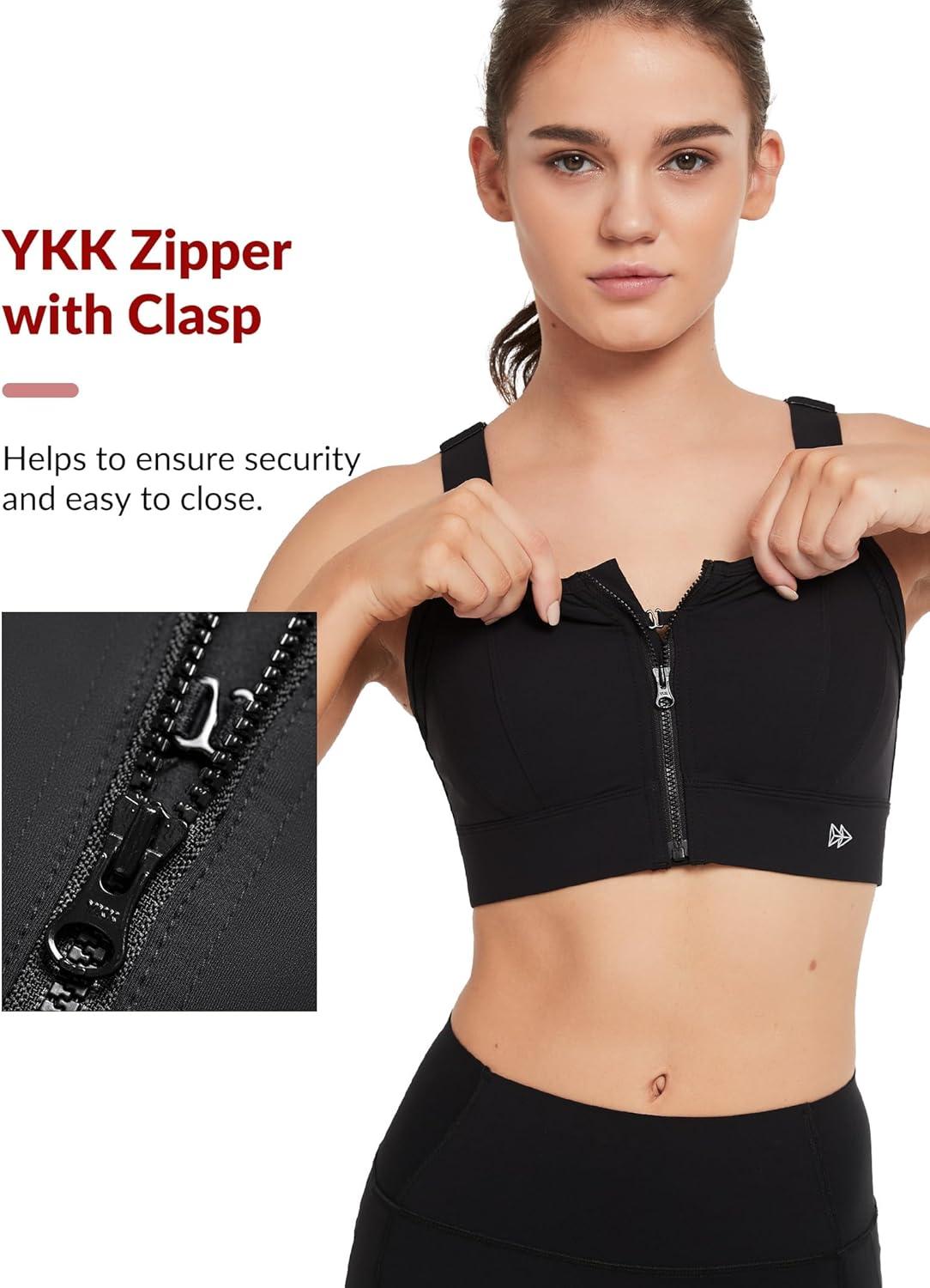 Yvette High Support Sports Bras for Women Zip Front Closure Sports Bra Plus Size Supportive Mold Cups Running Workout(Night Black)