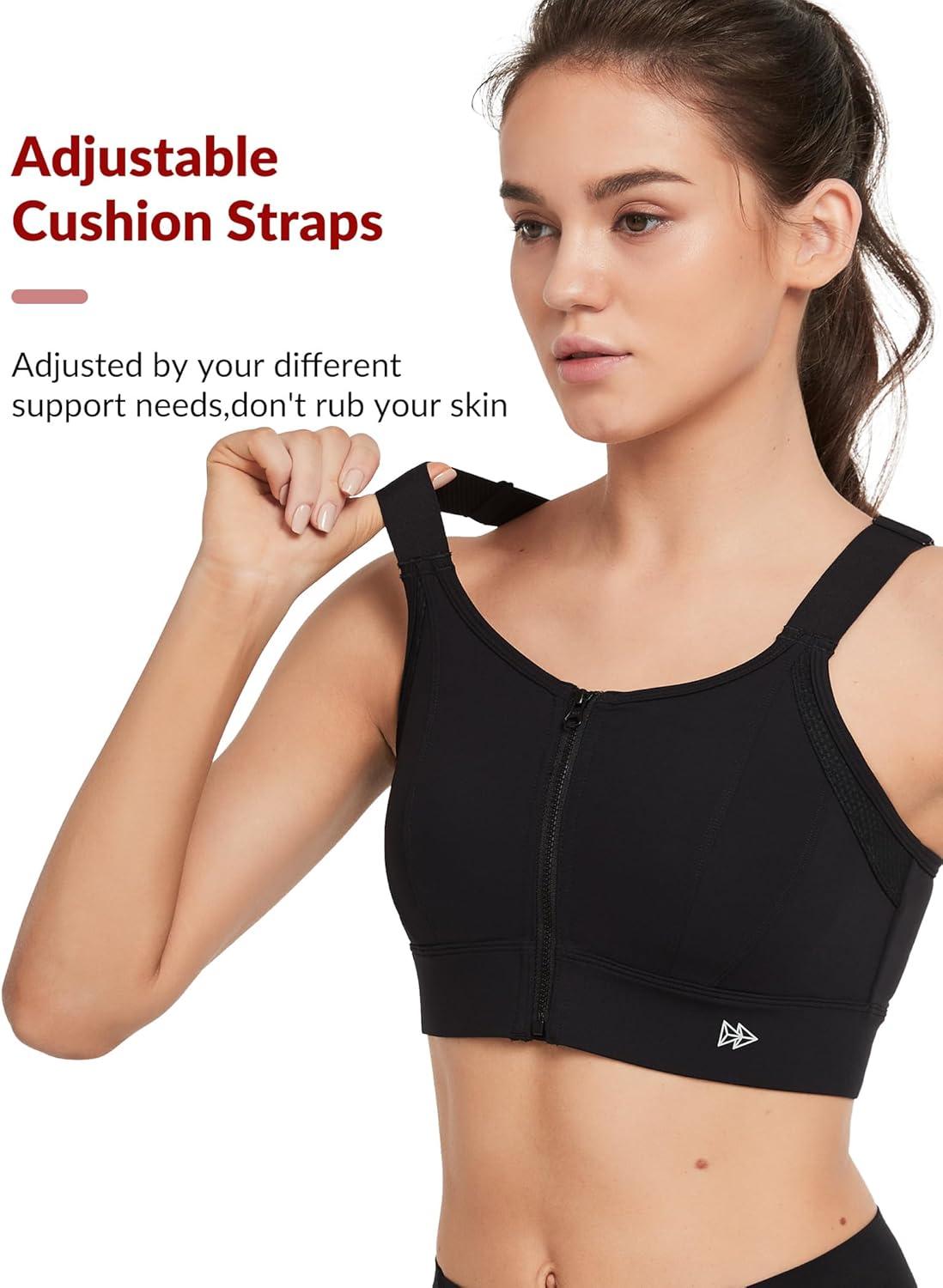 Yvette High Support Sports Bras for Women Zip Front Closure Sports Bra Plus Size Supportive Mold Cups Running Workout(Night Black)