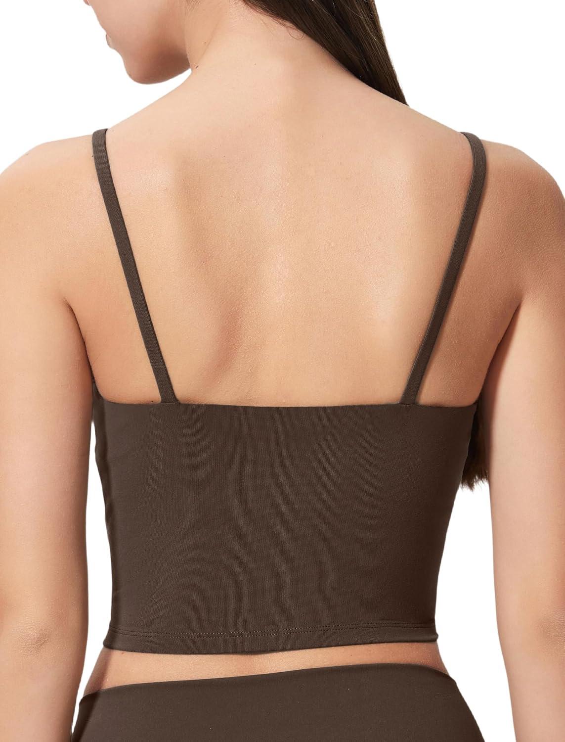 Yvette Women’s Longline Sports Bra, Scoop Neck Workout Tank Tops with Built in Bra Spaghetti Strap Yoga Camisole(Brown)