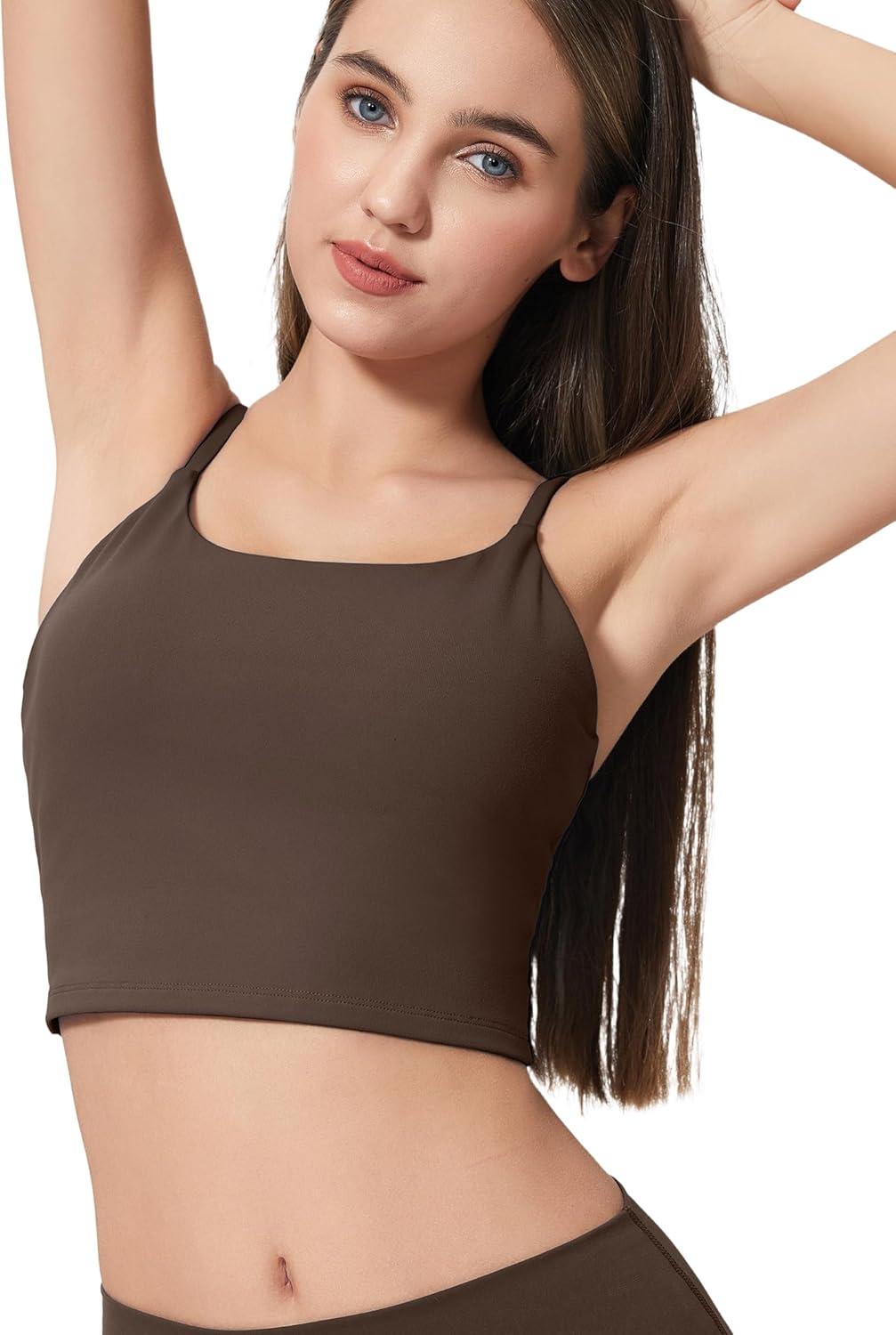 Yvette Women’s Longline Sports Bra, Scoop Neck Workout Tank Tops with Built in Bra Spaghetti Strap Yoga Camisole(Brown)