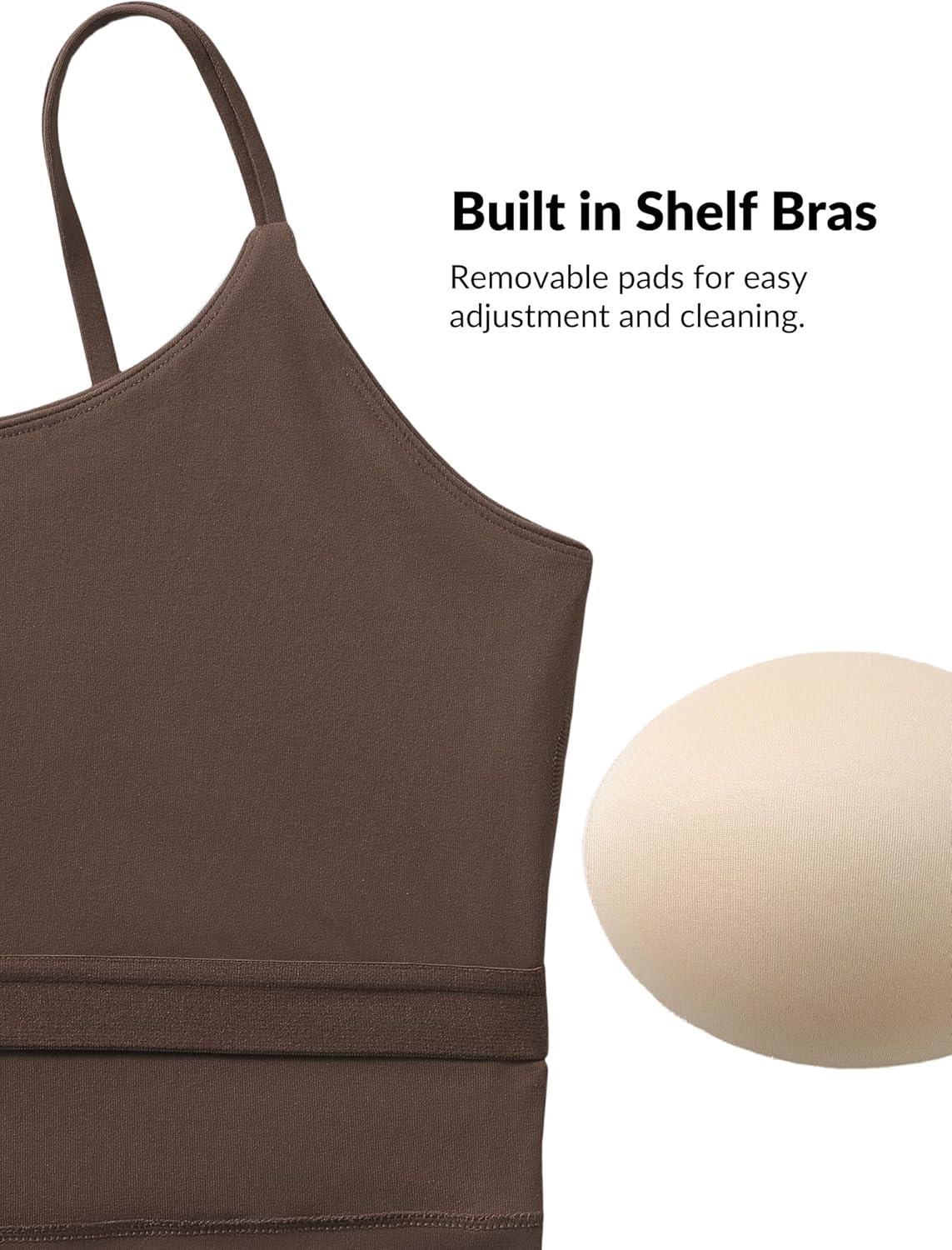 Yvette Women’s Longline Sports Bra, Scoop Neck Workout Tank Tops with Built in Bra Spaghetti Strap Yoga Camisole(Brown)