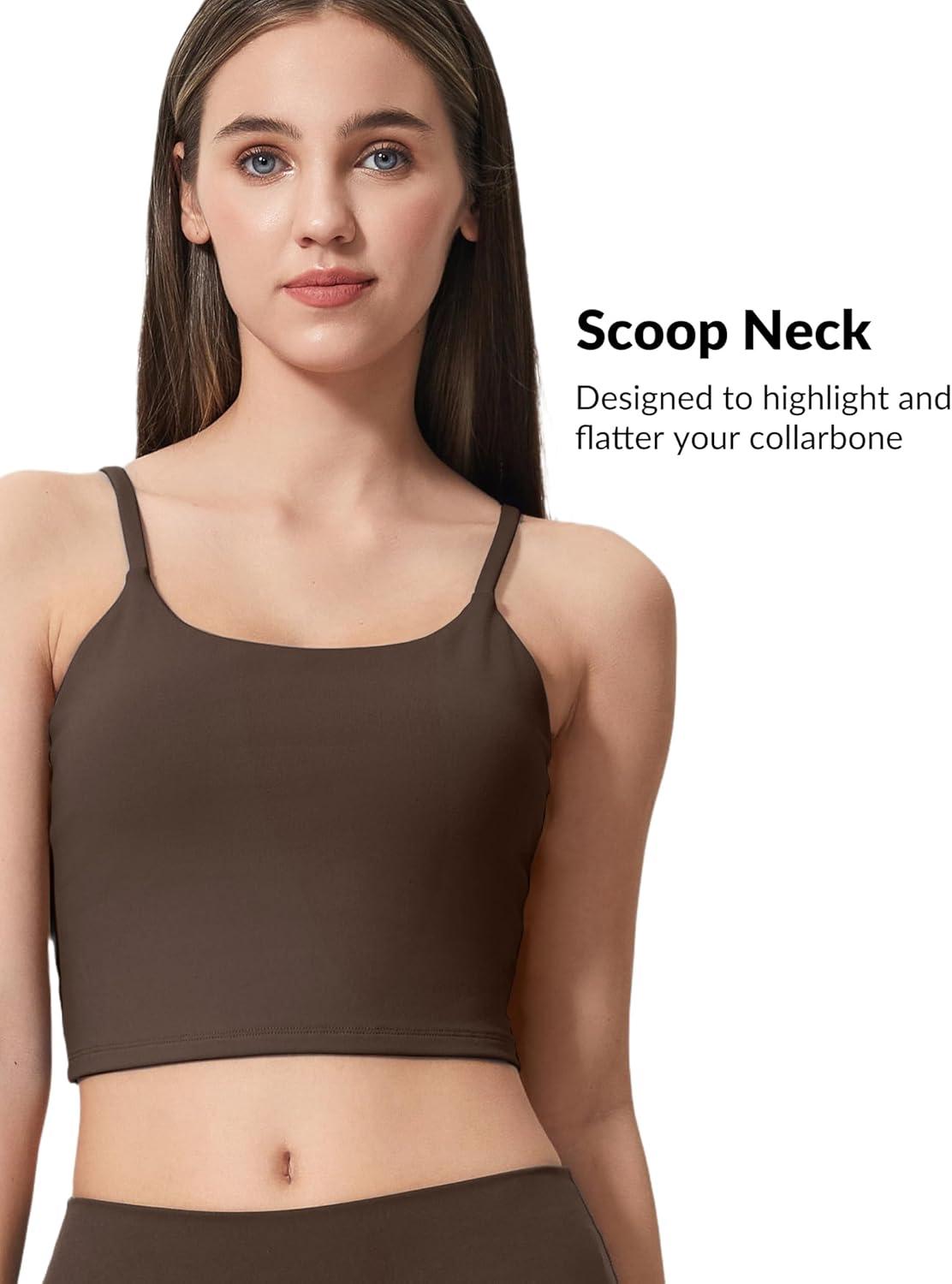 Yvette Women’s Longline Sports Bra, Scoop Neck Workout Tank Tops with Built in Bra Spaghetti Strap Yoga Camisole(Brown)