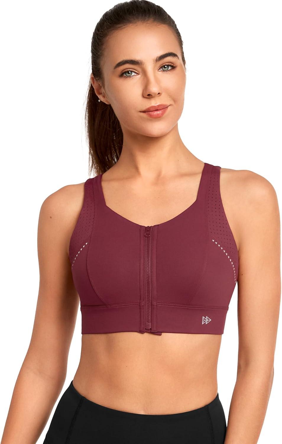 Yvette Adjustable Sports Bras for Women High Impact Front Zip Mesh Supportive Bras for Large Bust Plus Size(Burgundy)