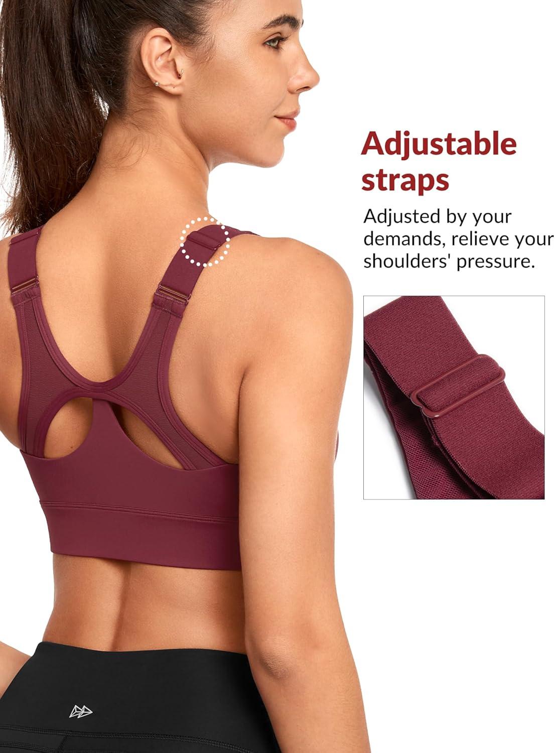 Yvette Adjustable Sports Bras for Women High Impact Front Zip Mesh Supportive Bras for Large Bust Plus Size(Burgundy)