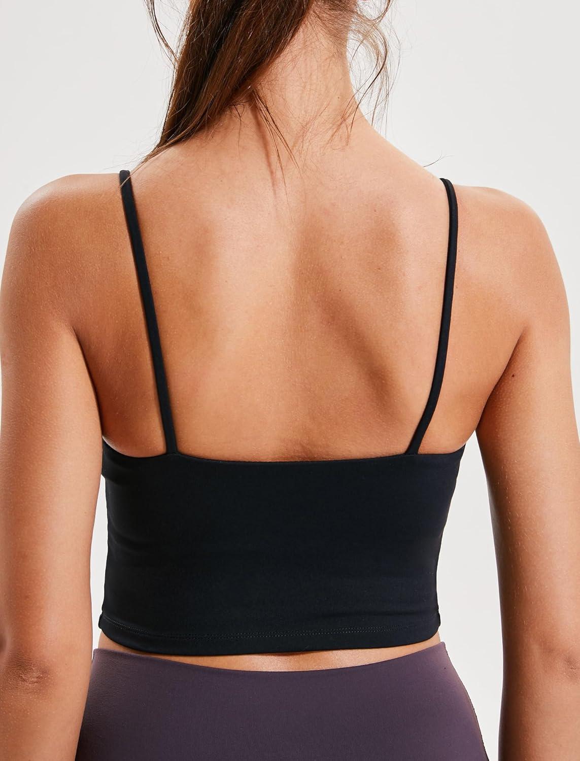 Yvette Women’s Longline Sports Bra, Scoop Neck Workout Tank Tops with Built in Bra Spaghetti Strap Yoga Camisole(Black)