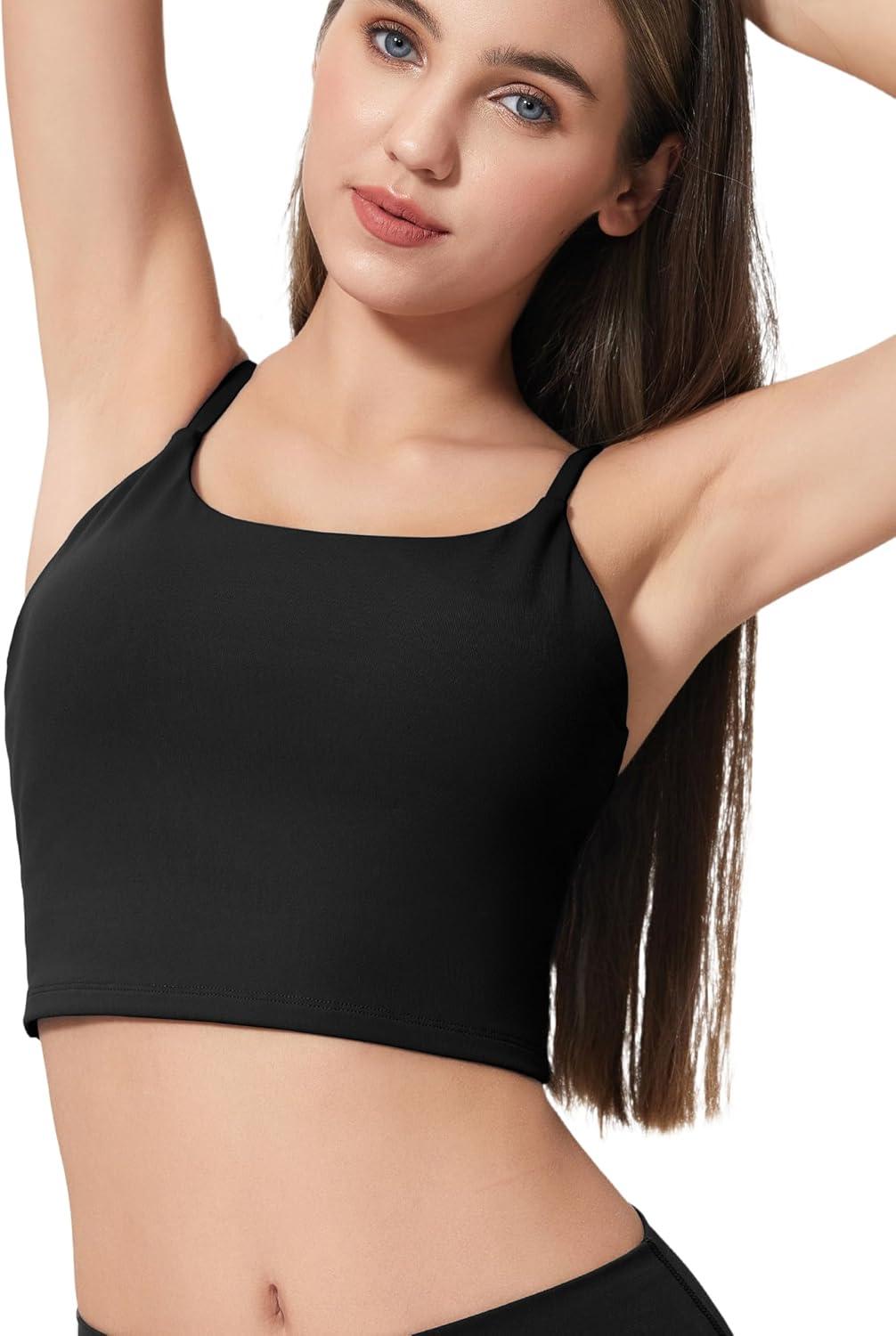 Yvette Women’s Longline Sports Bra, Scoop Neck Workout Tank Tops with Built in Bra Spaghetti Strap Yoga Camisole(Black)