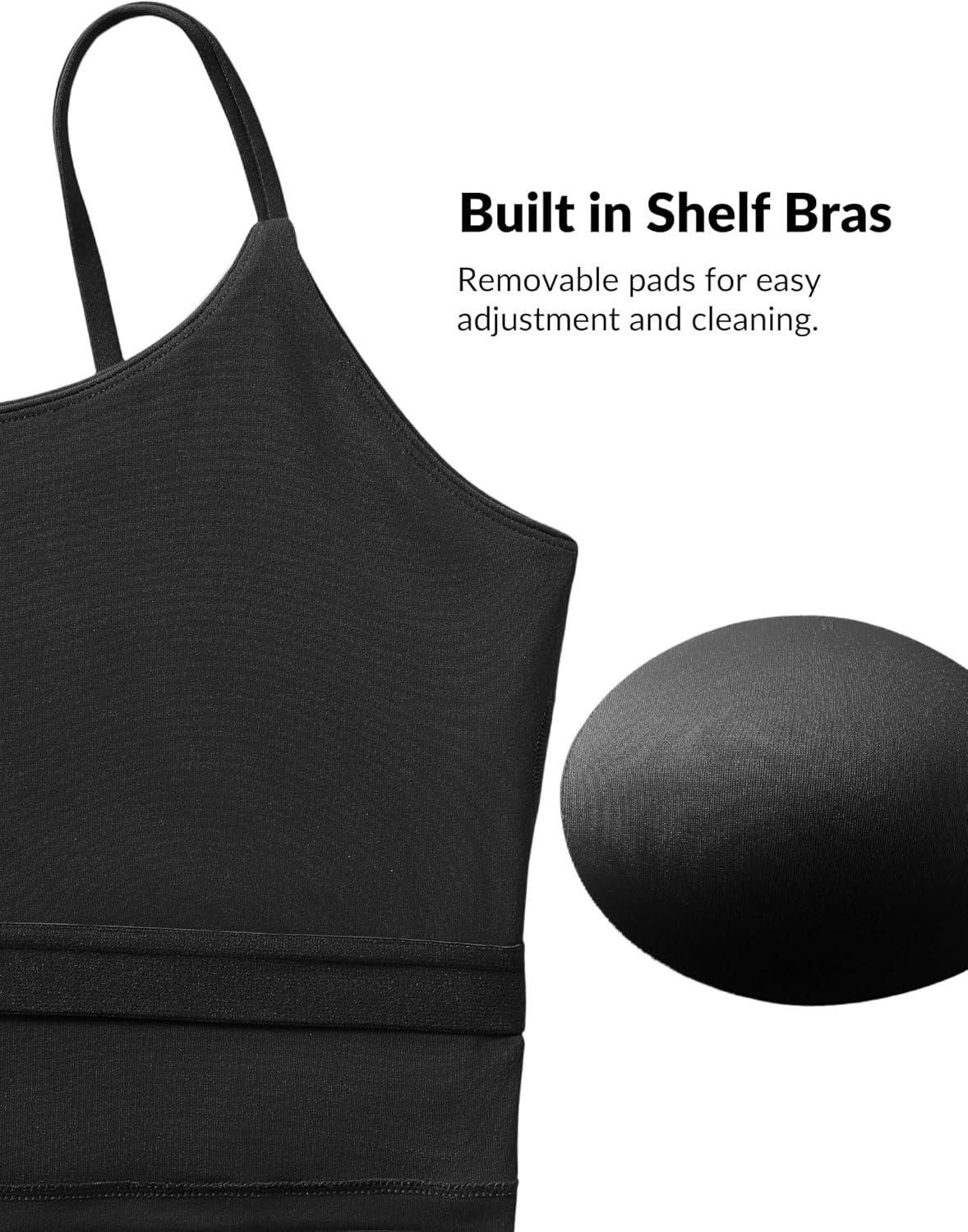 Yvette Women’s Longline Sports Bra, Scoop Neck Workout Tank Tops with Built in Bra Spaghetti Strap Yoga Camisole(Black)