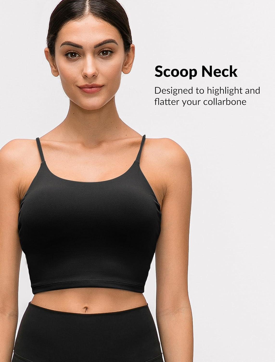 Yvette Women’s Longline Sports Bra, Scoop Neck Workout Tank Tops with Built in Bra Spaghetti Strap Yoga Camisole(Black)