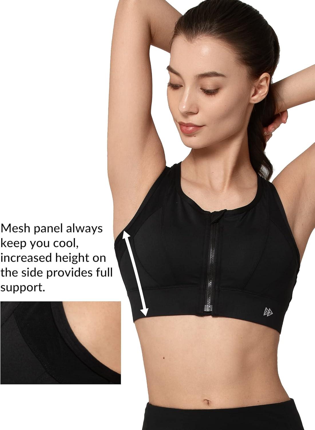 Yvette High Impact Zip Front Sports Bra Mesh Racerback Workout High Support Sports Bras for Women Large Breasts(Black)