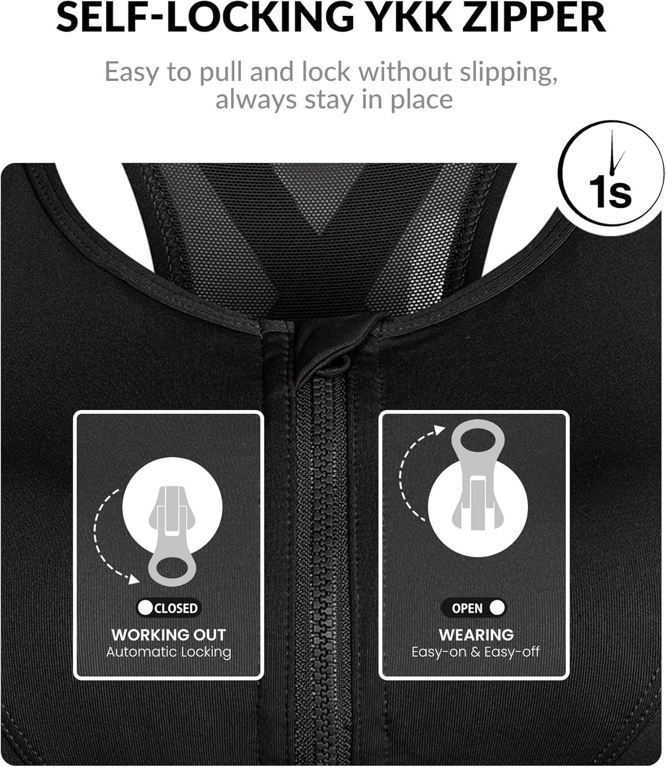 Yvette High Impact Zip Front Sports Bra Mesh Racerback Workout High Support Sports Bras for Women Large Breasts(Black)