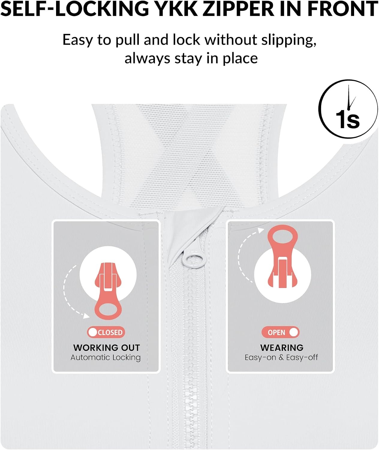 Yvette High Impact Zip Front Sports Bra for Women | Supportive, Breathable Mesh Racerback, Nonremovable Cups, Wireless, Easy on and off, Running(White)